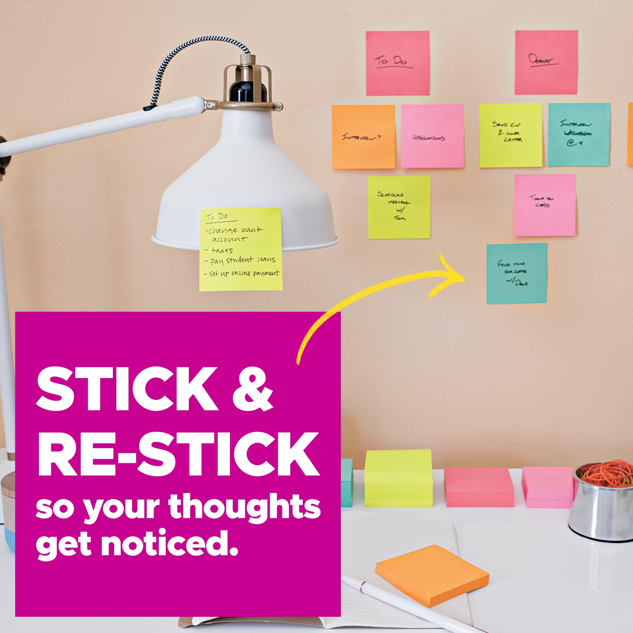 Post-it dispense ready in desk dispenser showing convenience benefit: quick access