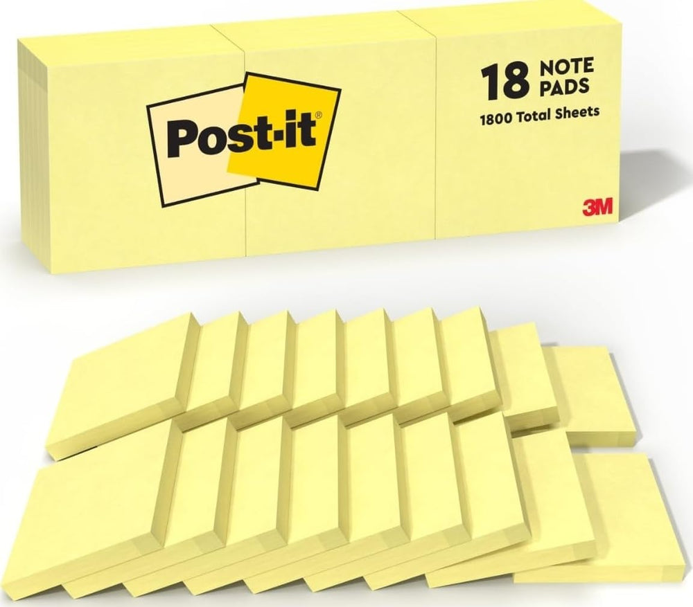 Post-it frente del paquete mostrando 18 pads y color amarillo canario para organización