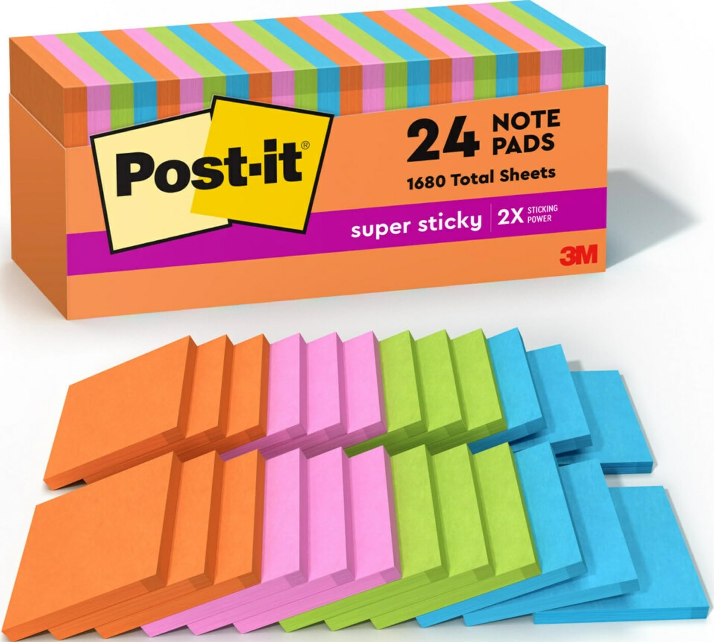Post-it frontal pack Neon Fizz mostrando los 24 blocs y colorido útil