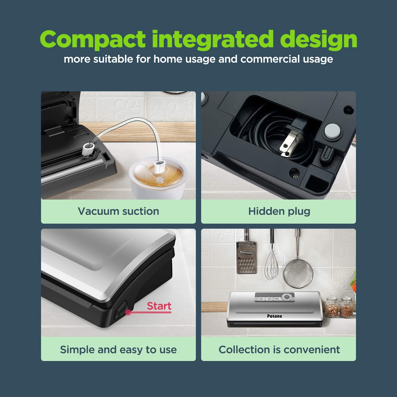 Potane size comparison on counter illustrating compact footprint and convenience
