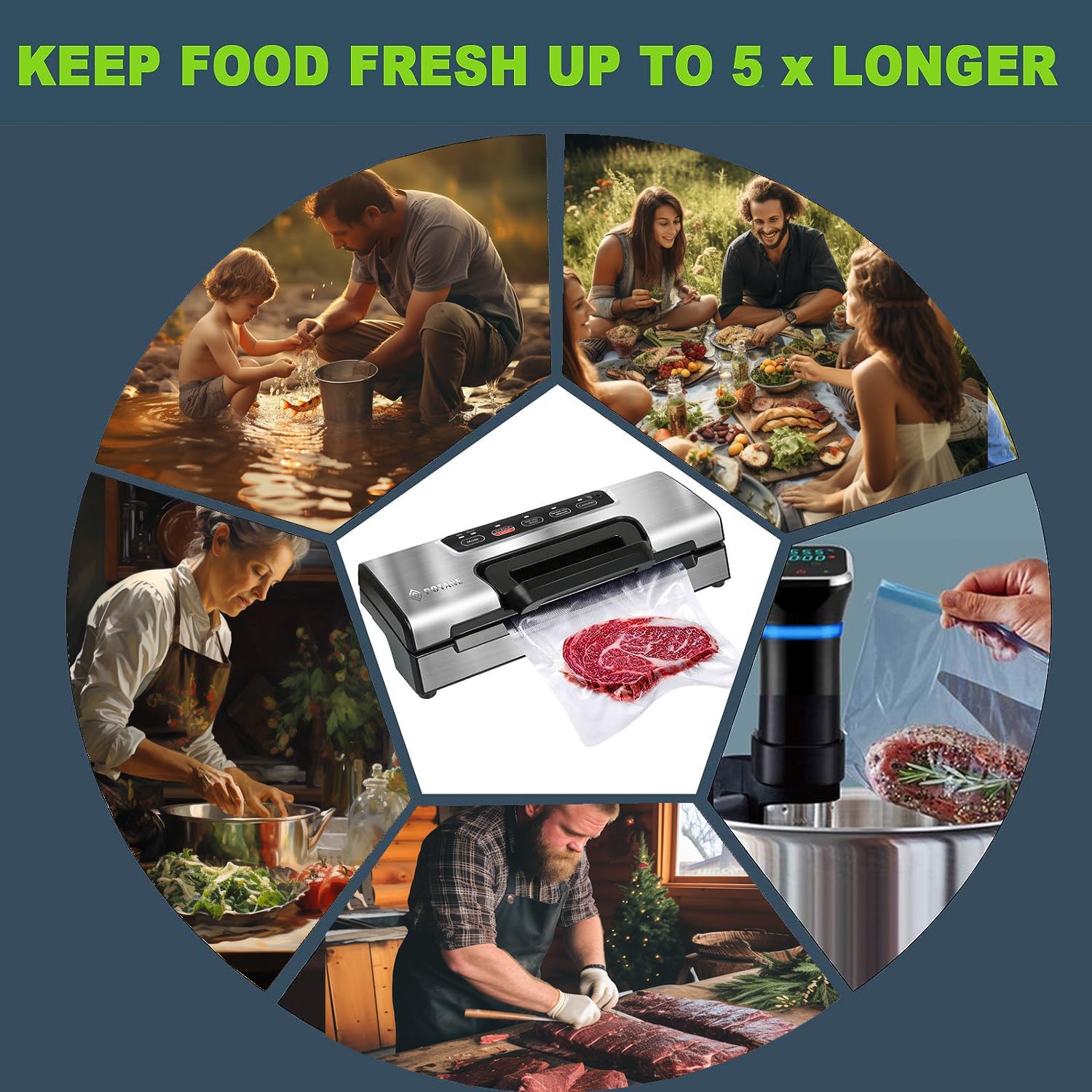 Potane en uso sellando y conservando alimentos frescos en cocina hogareña