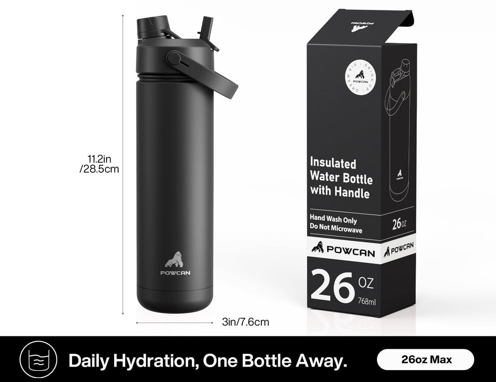 POWCAN comparación de tamaño en mano para visualizar capacidad 26 oz