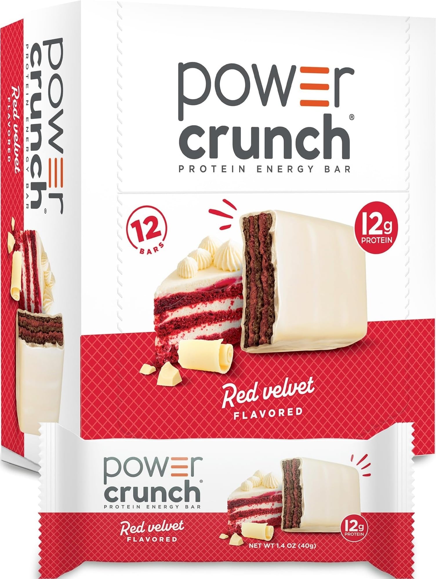 Power Crunch frontal paquete red velvet mostrando diseño y marca para identificación rápida