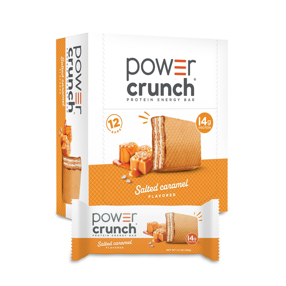 Power Crunch frontal del envase mostrando sabor caramelo salado y beneficio proteico