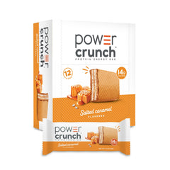 Power Crunch frontal del envase mostrando sabor caramelo salado y beneficio proteico