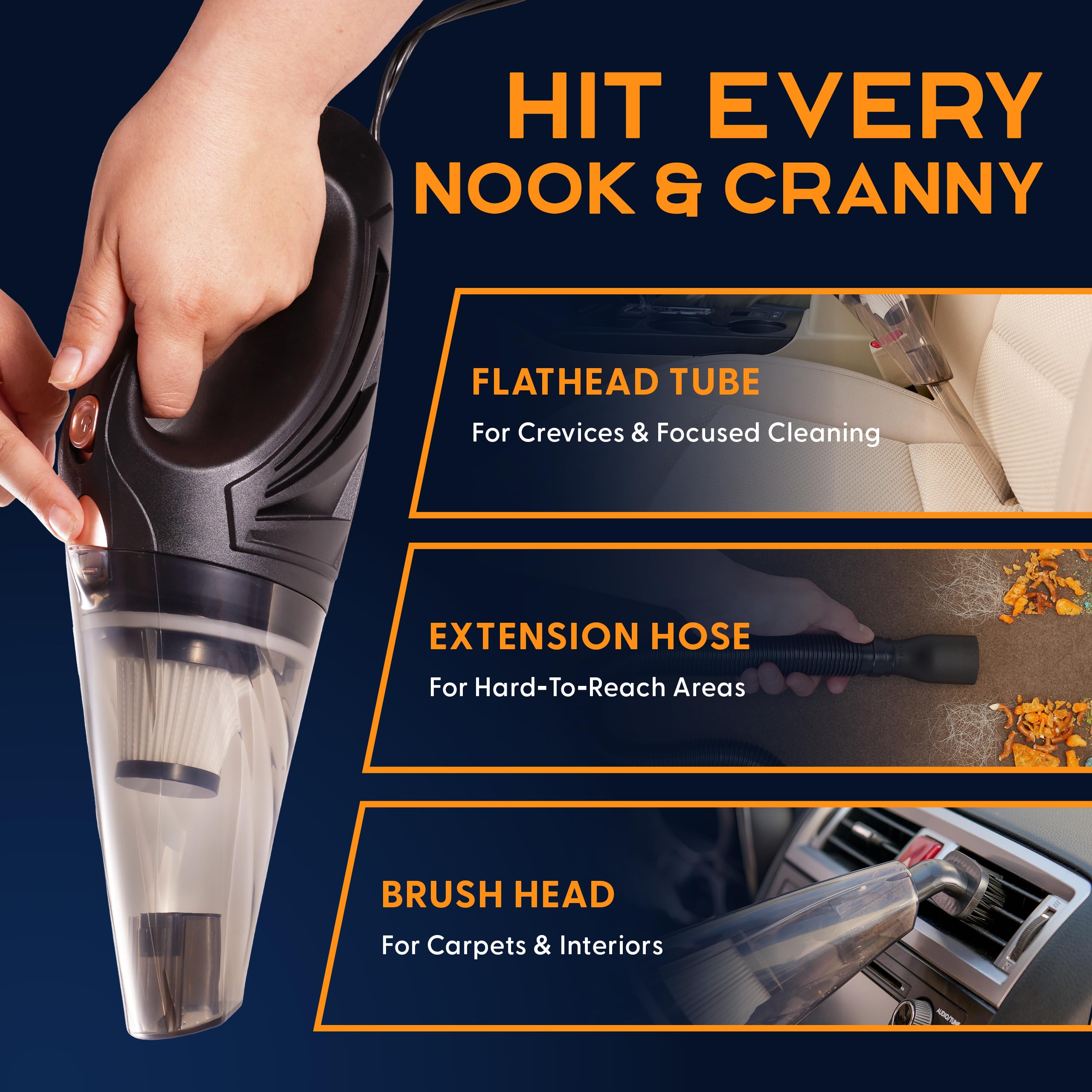 Power Practical ThisWorx in use on car seat removing pet hair and food debris