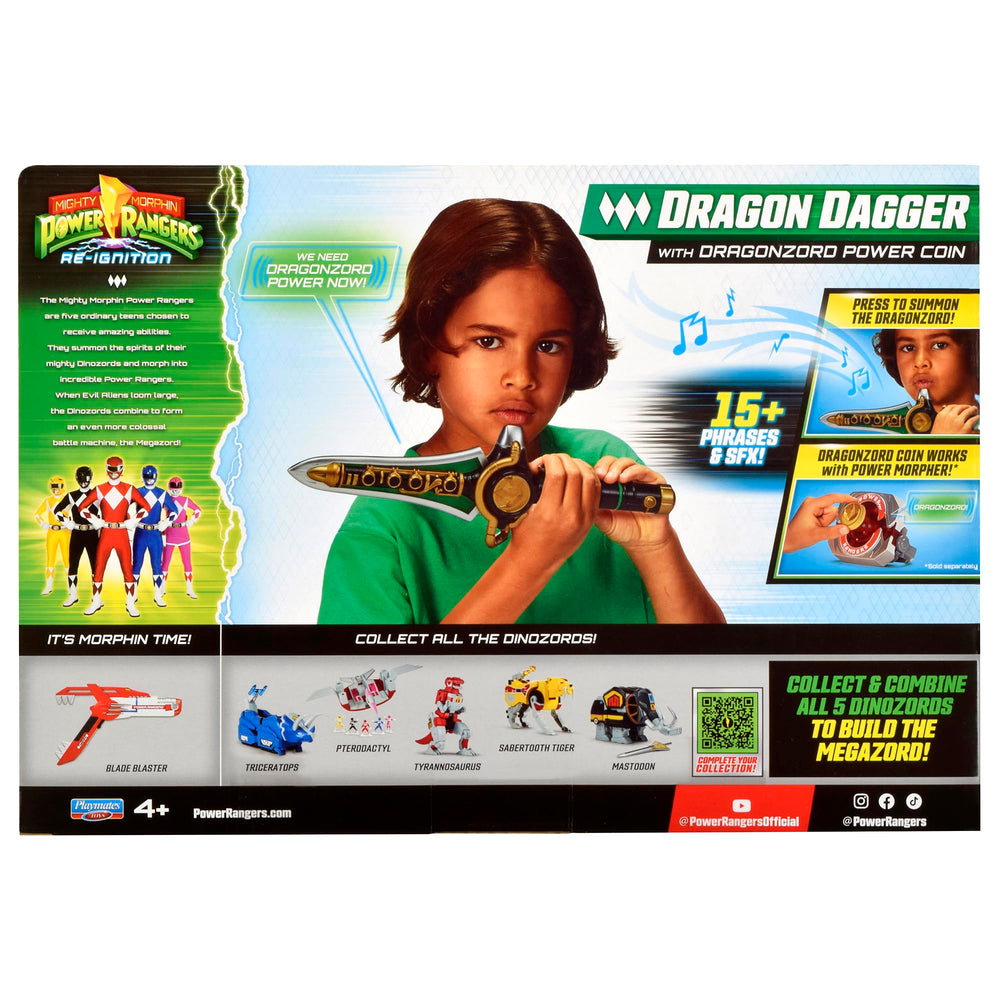 Power Rangers Dragon Dagger con Power Coin mostrando escala y compatibilidad