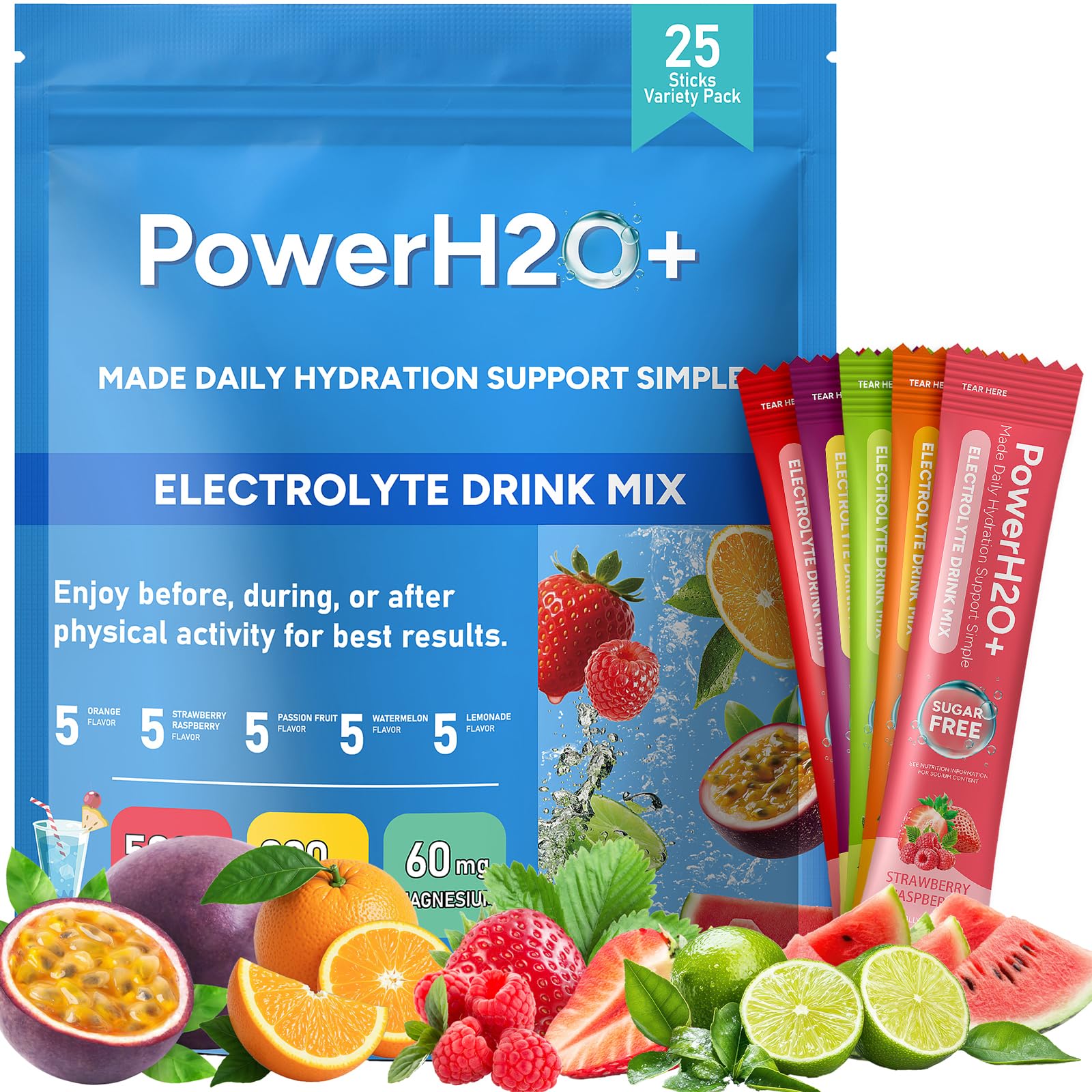 PowerH2O+ frente del envase mostrando 25 sobres y beneficio portabilidad