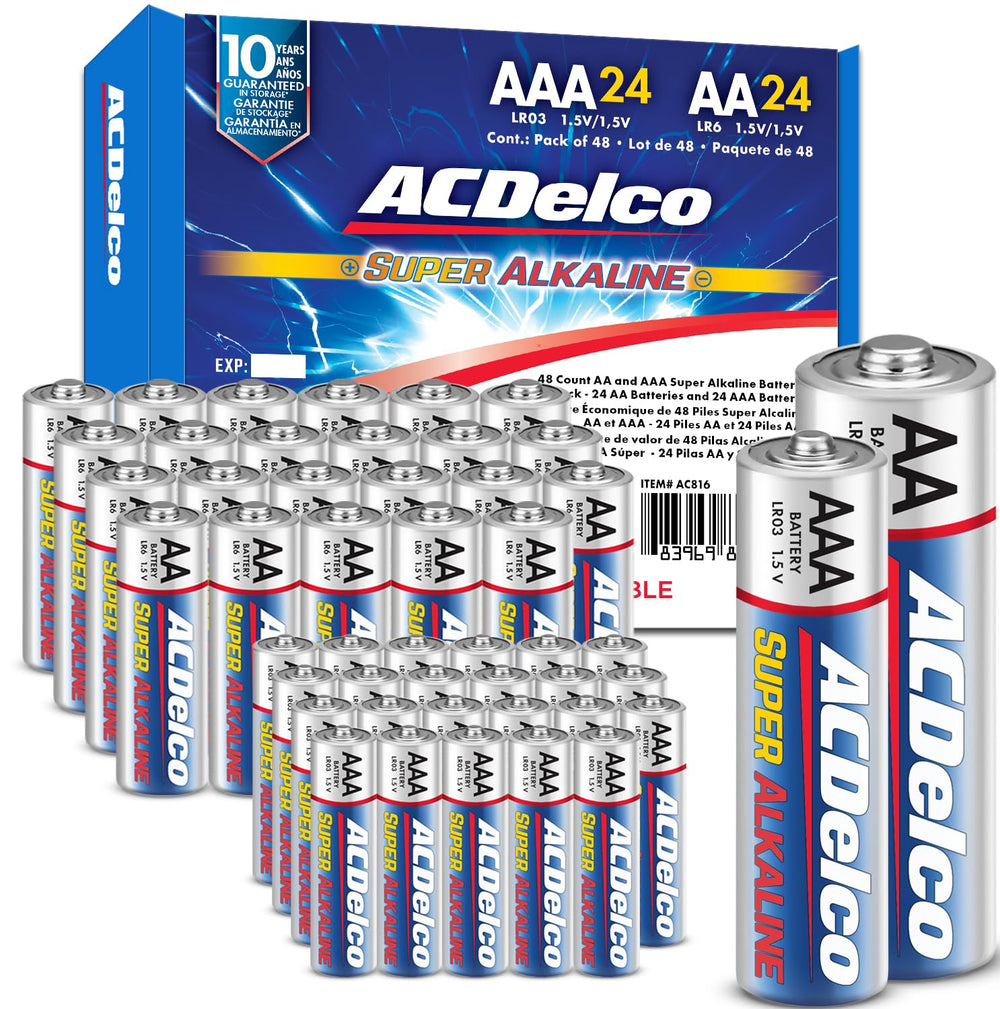 Powermax ACDelco vista frontal del paquete con 48 pilas, organización práctica