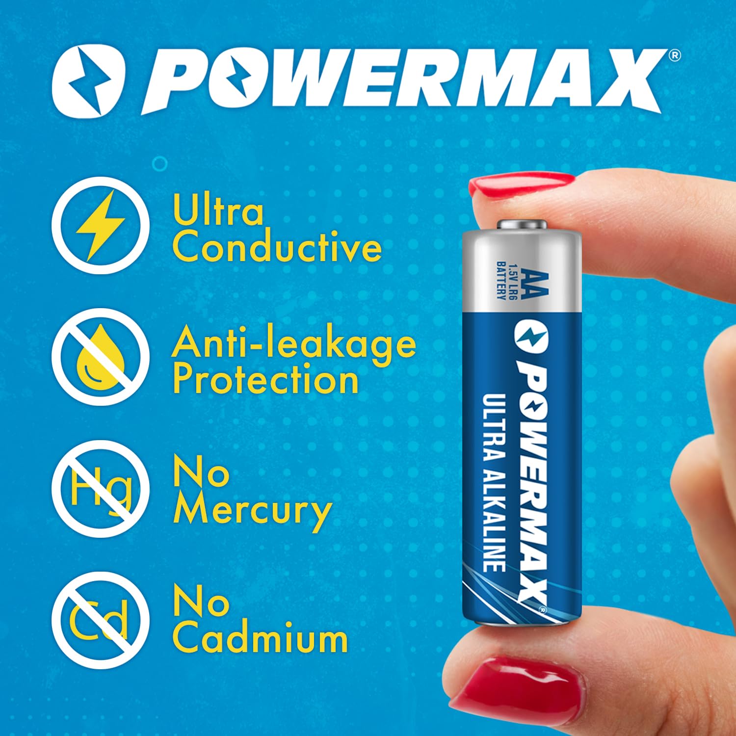 Powermax pila AA junto a una mano para comparar tamaño real
