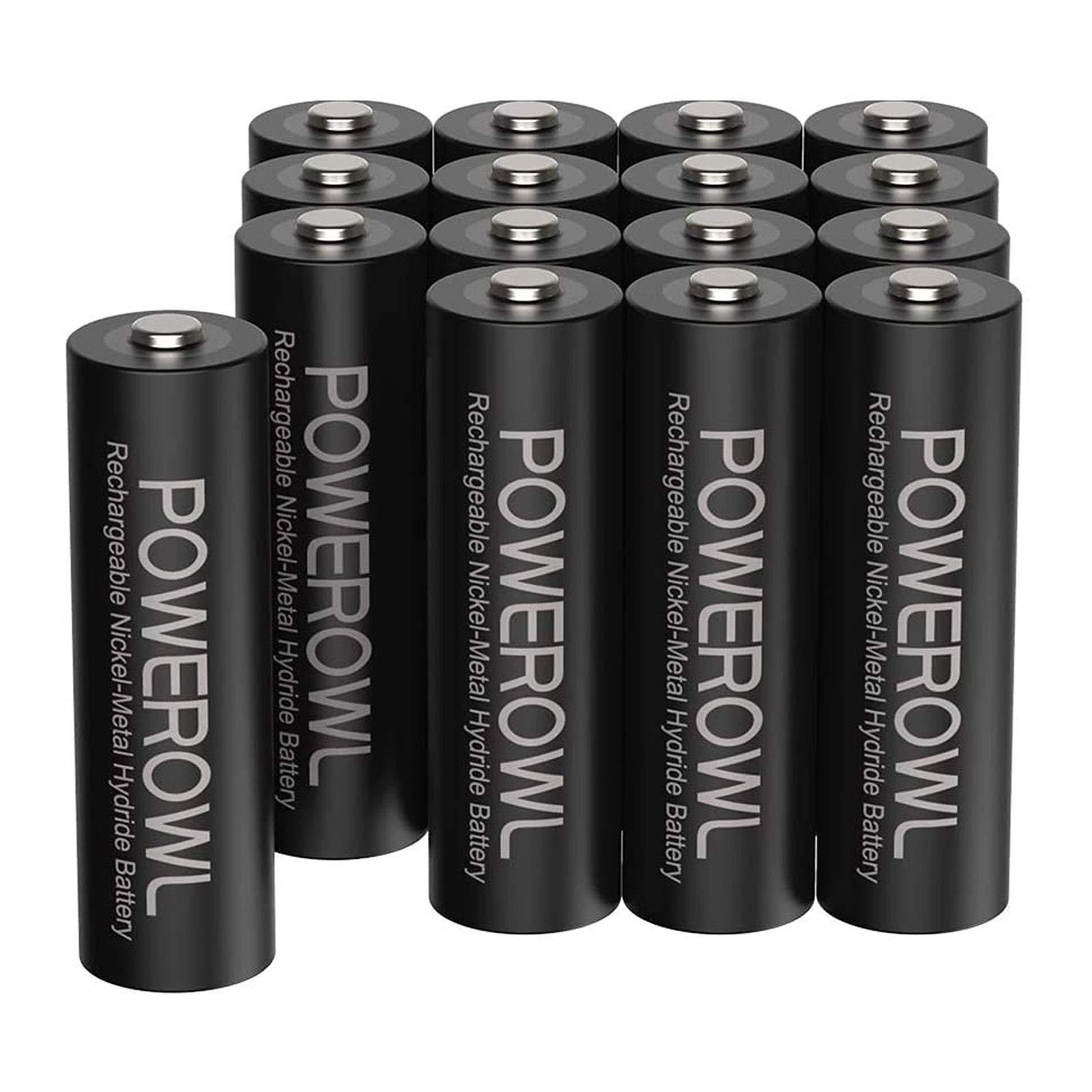 POWEROWL AA 16-pack front view showing ready-to-use batteries and value