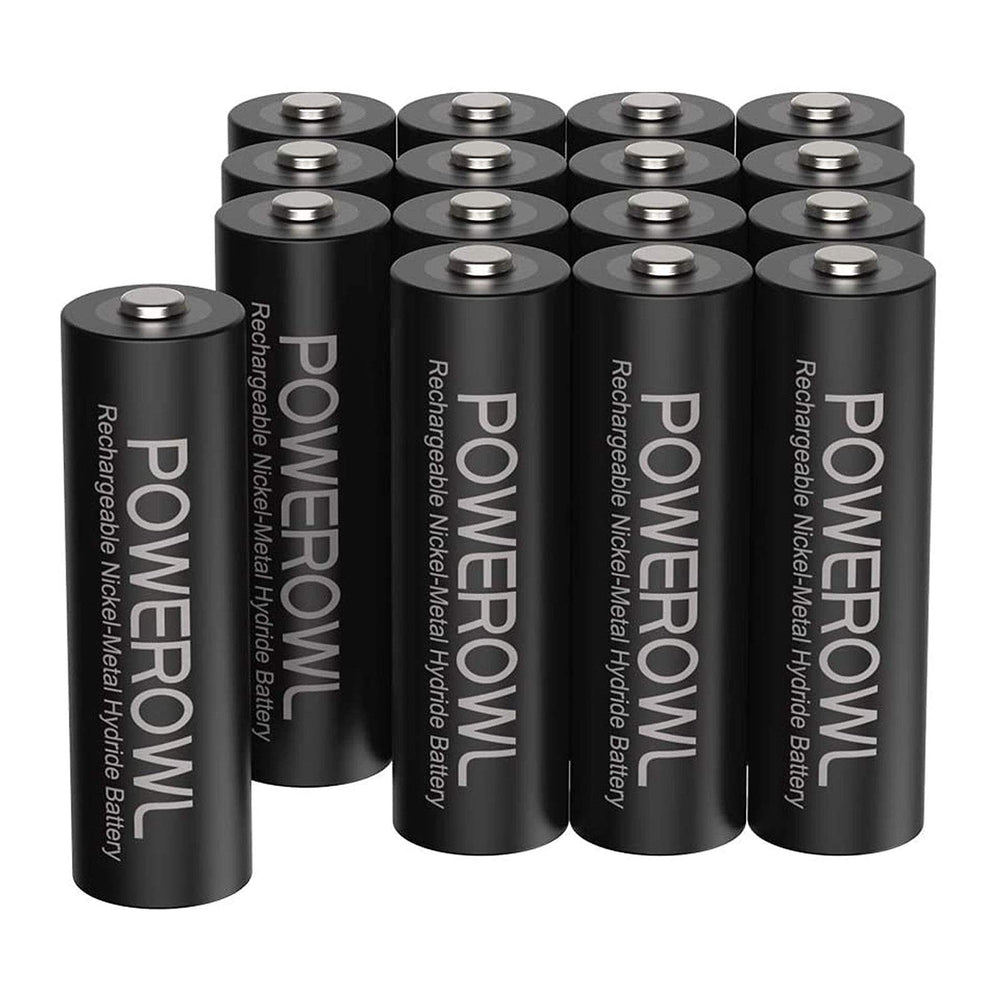 POWEROWL AA 16-pack front view showing ready-to-use batteries and value