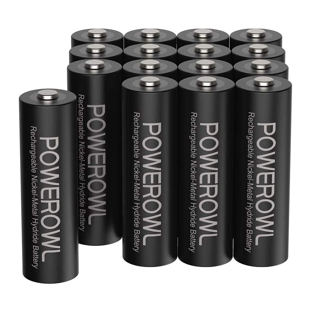 POWEROWL AA 16-pack front view showing ready-to-use batteries and value