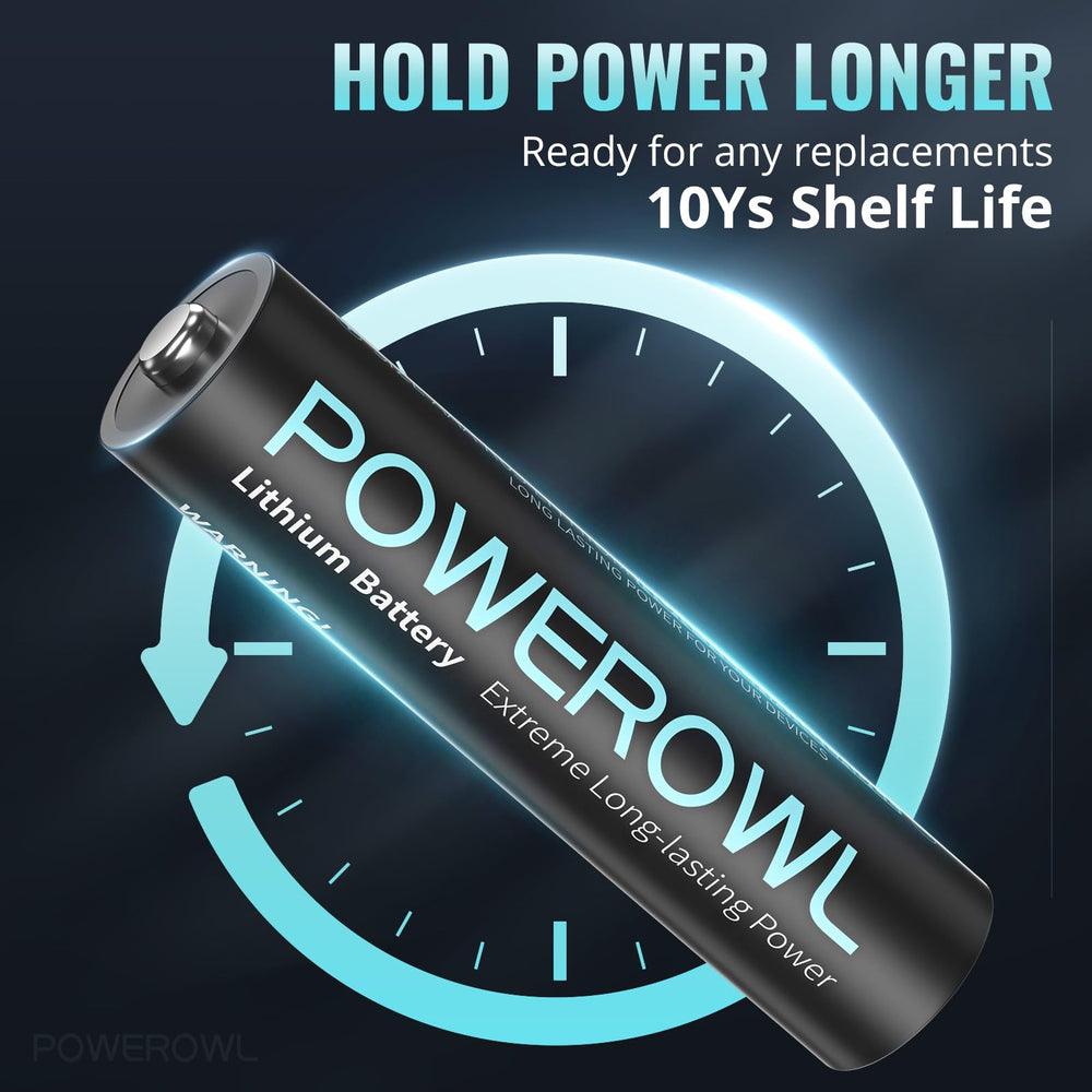 POWEROWL caja abierta mostrando 24 pilas listas para reemplazo
