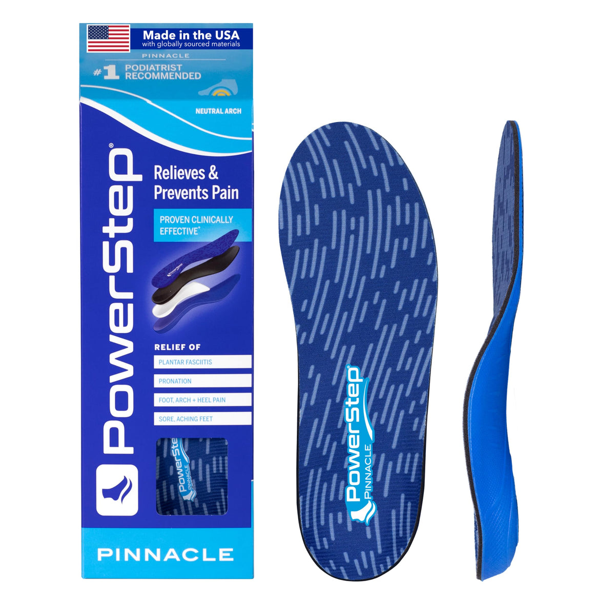 PowerStep Pinnacle vista frontal del par en caja mostrando ajuste listo para usar