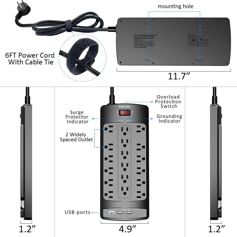 POWSAV power strip in a desk setup organizing gadgets for cleaner workspace