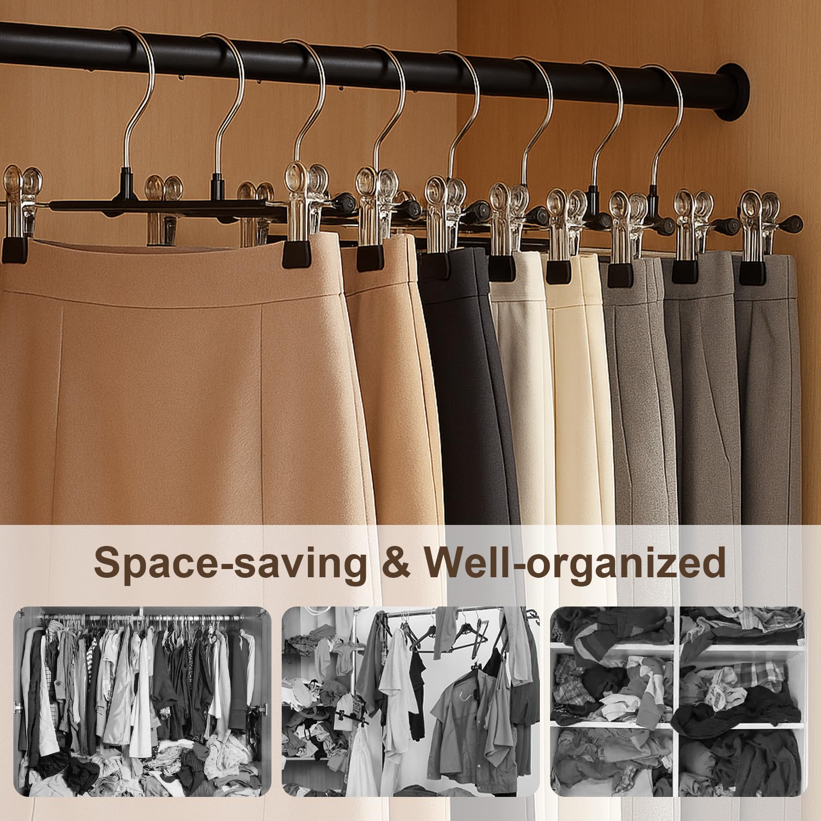 POZEAN vista de vestidor con perchas organizando faldas, pantalones y shorts