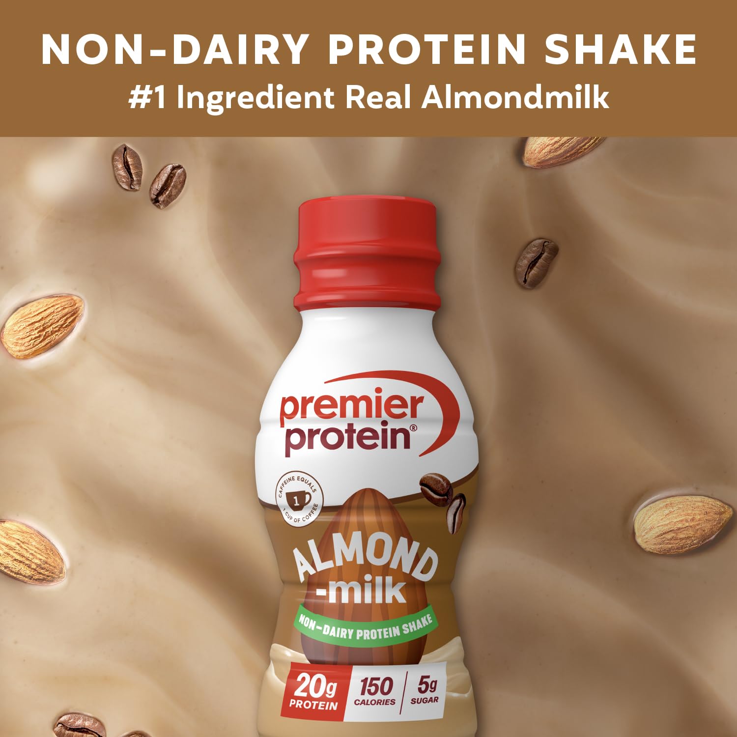 Premier Protein primer plano textura cremosa de almendram proporciona sensación saciante