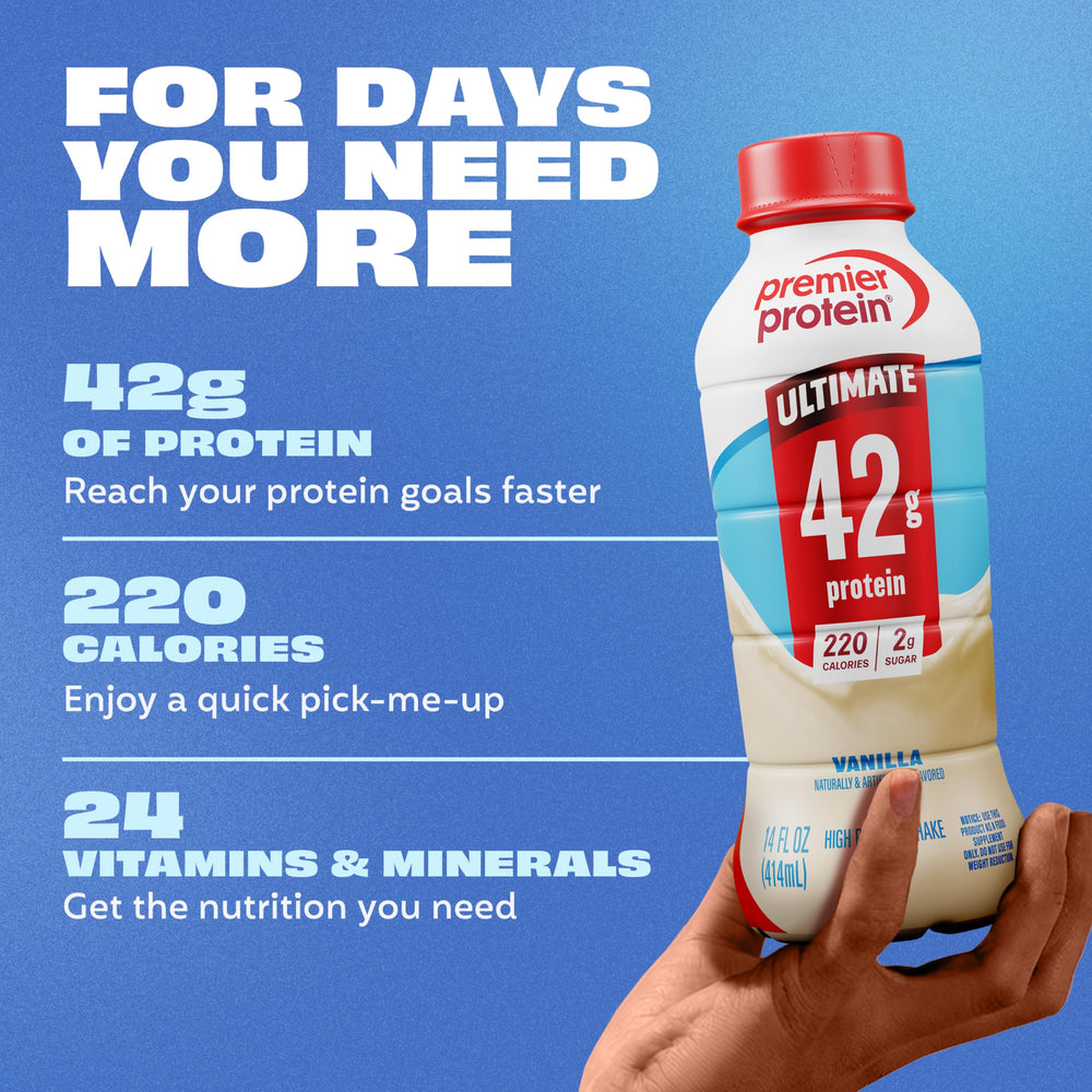 Premier Protein batido en mano para mostrar tamaño real y portabilidad