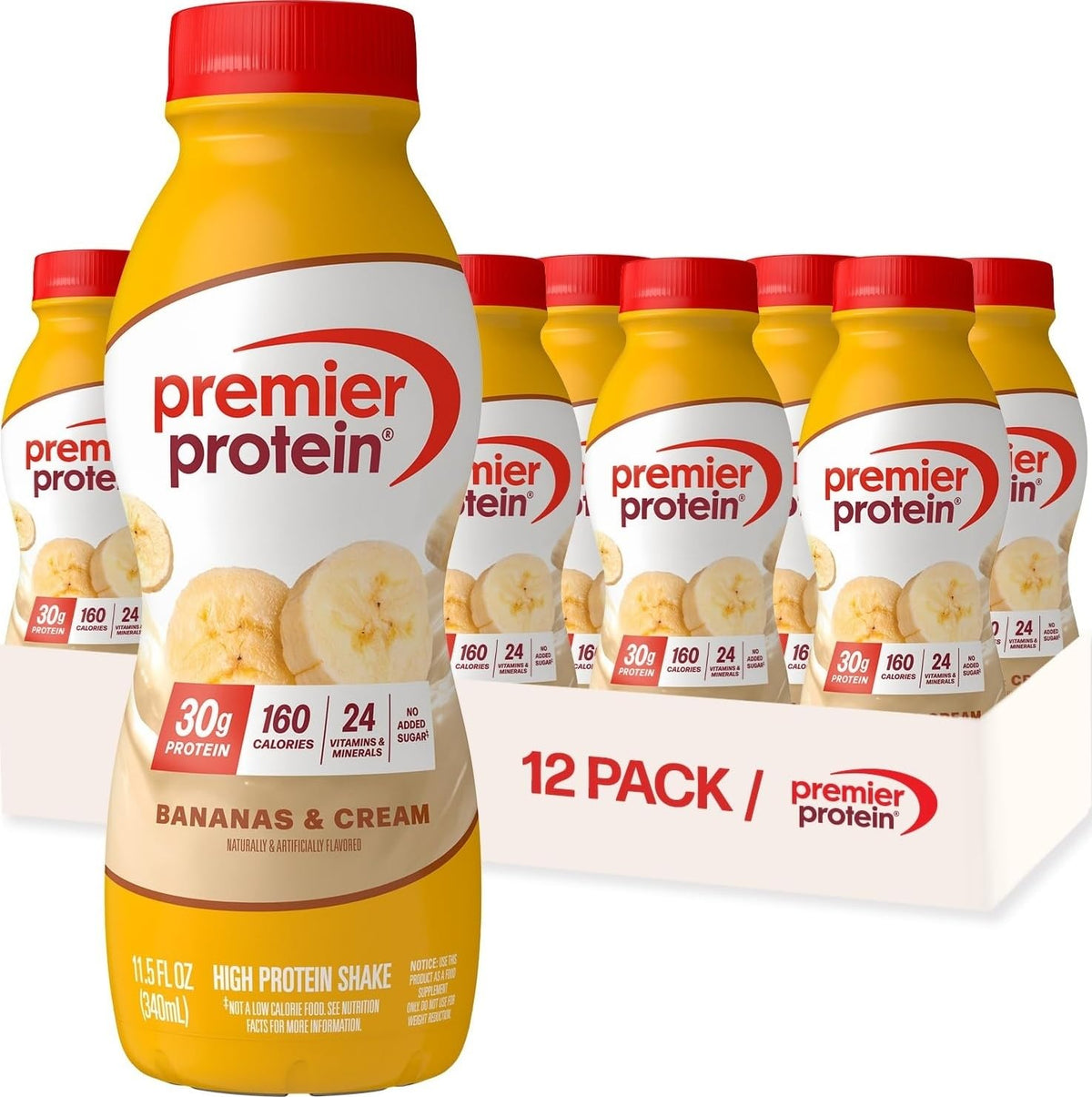 Premier Protein botella delantera Bananas & Cream muestra etiqueta y beneficio práctico
