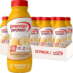 Premier Protein botella delantera Bananas & Cream muestra etiqueta y beneficio práctico