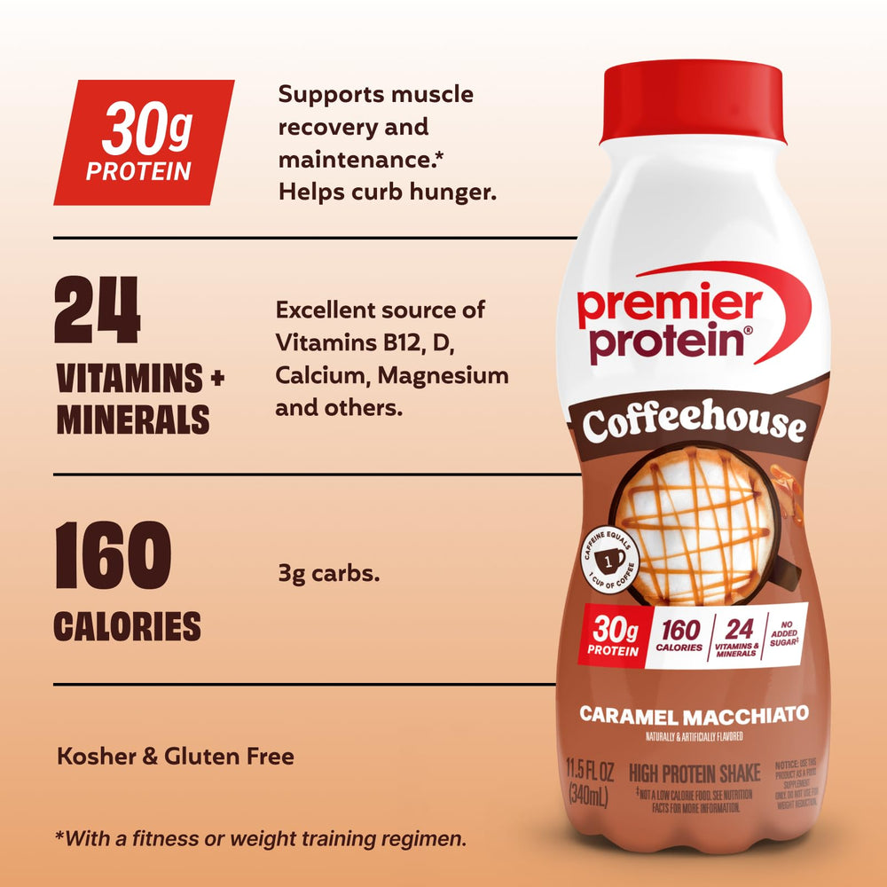 Premier Protein botella en mano lista para beber, conveniente para llevar