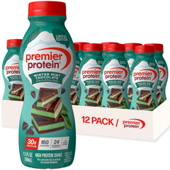 Premier Protein botella frontal Winter Mint Chocolate, sabor festivo y proteína práctica