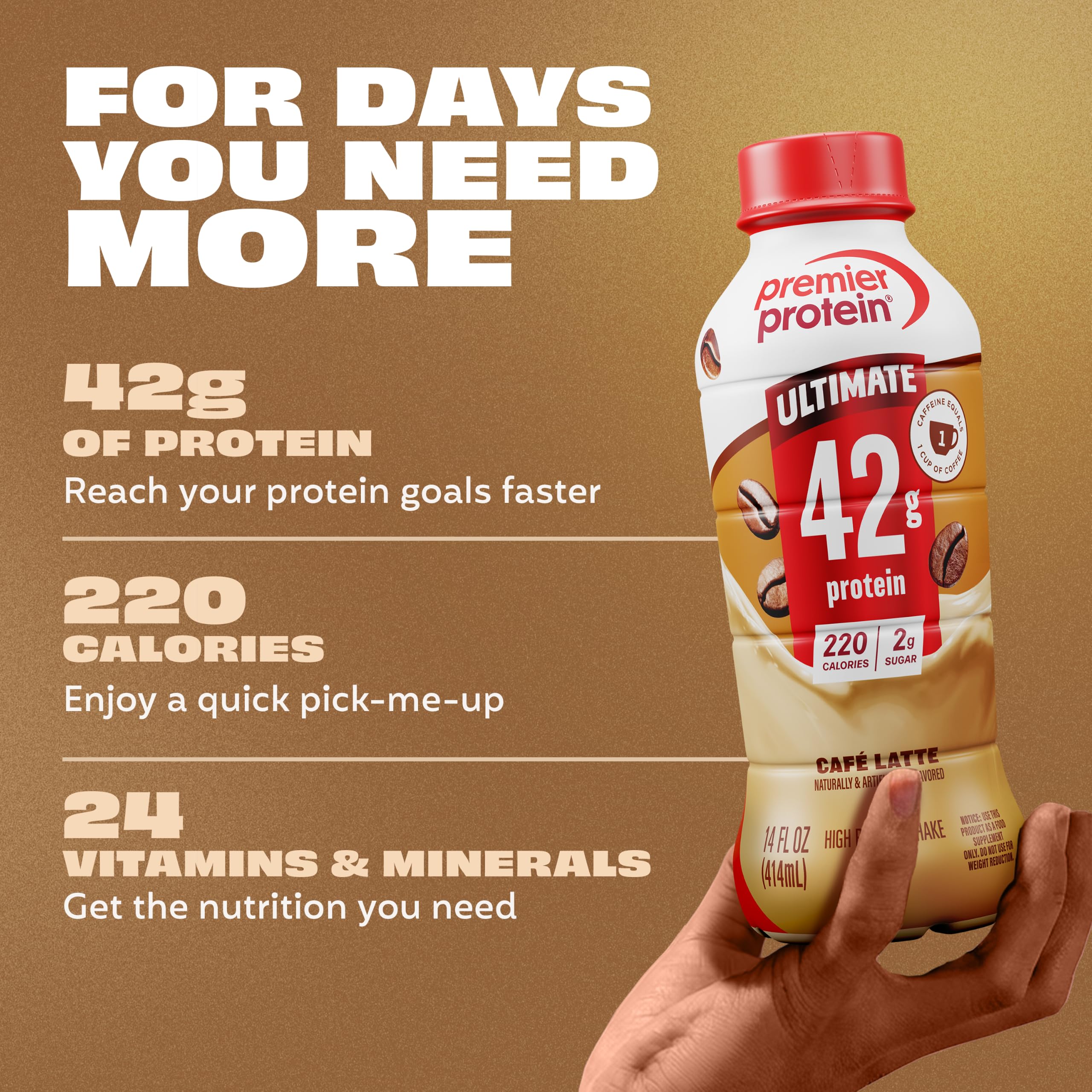 Premier Protein batido en mano para comparar tamaño y portabilidad