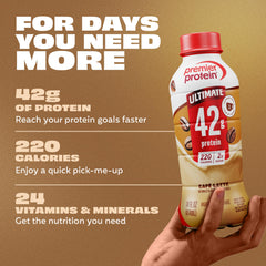 Premier Protein batido en mano para comparar tamaño y portabilidad