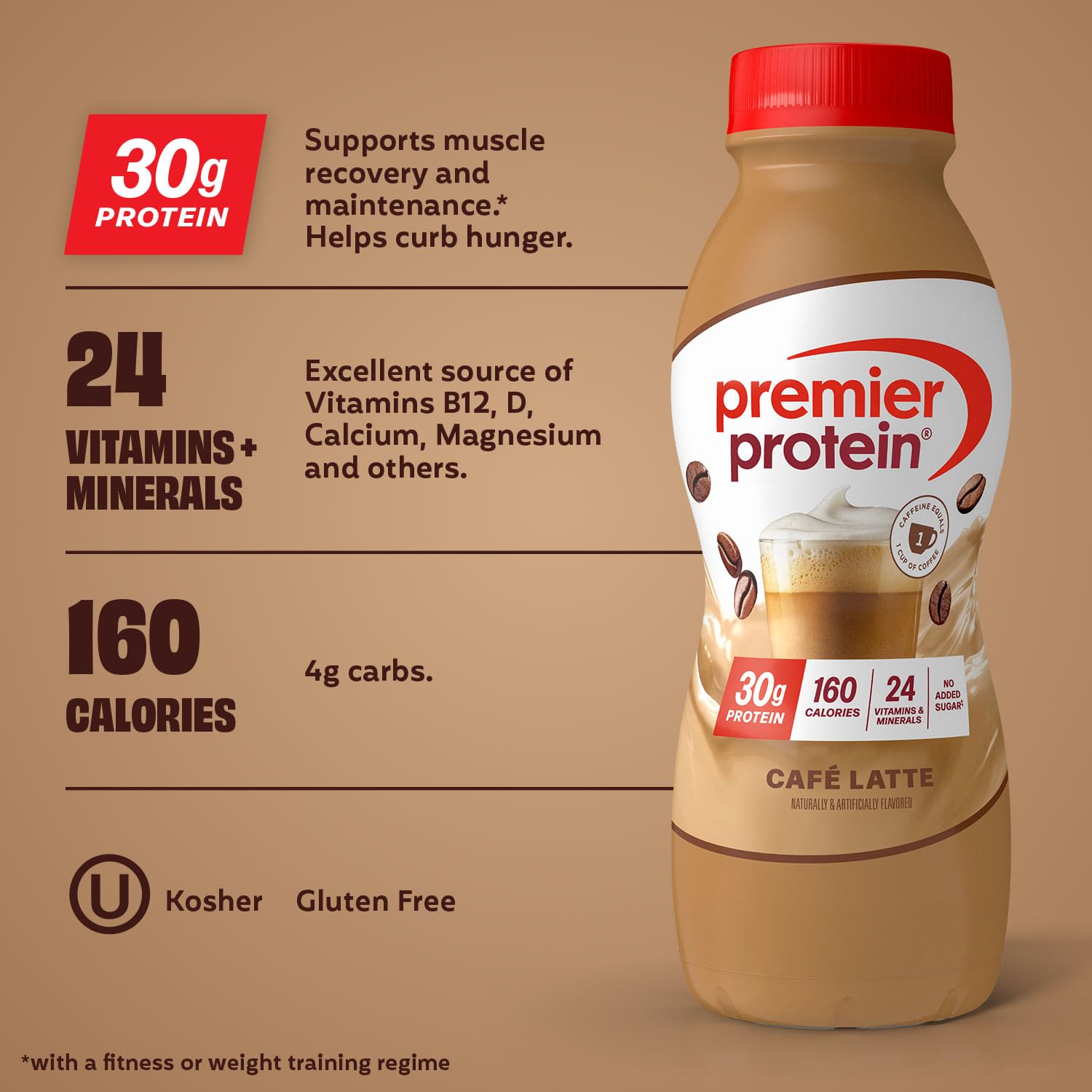 Premier Protein etiqueta nutricional resaltando 30 g de proteína y 1 g azúcar