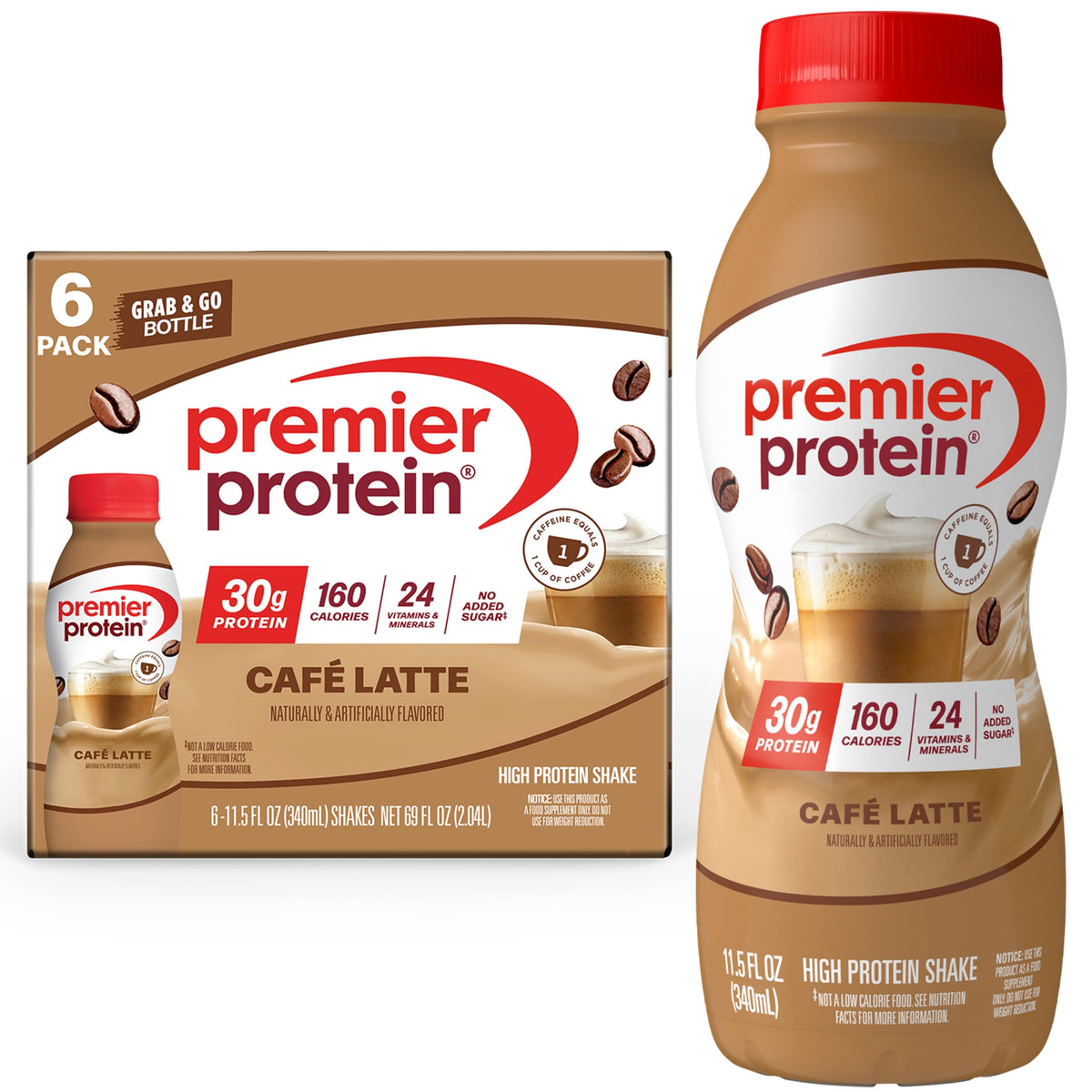 Premier Protein botella frontal Café Latte mostrando envase y beneficio portátil