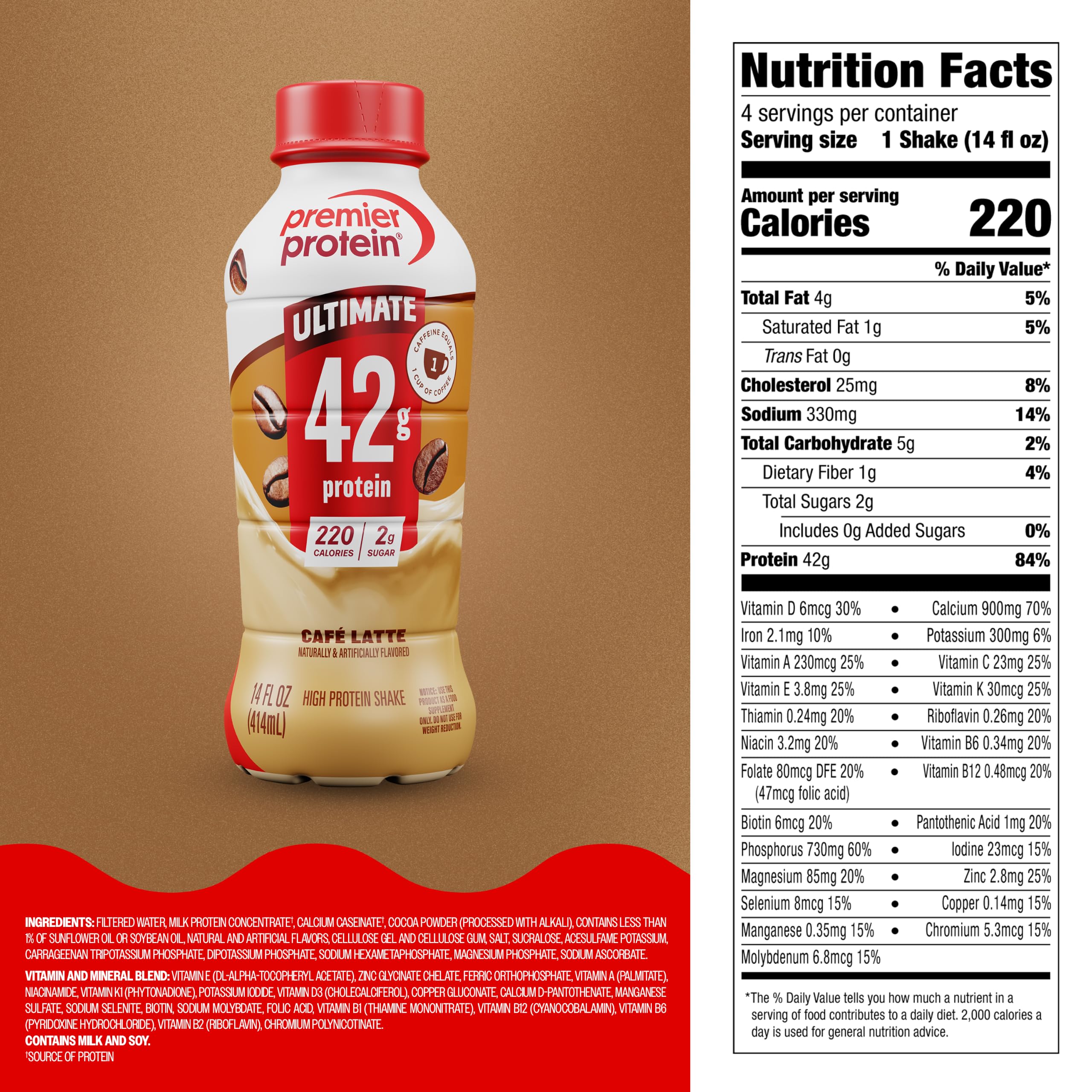 Premier Protein lista de ingredientes y vitaminas destacando beneficios