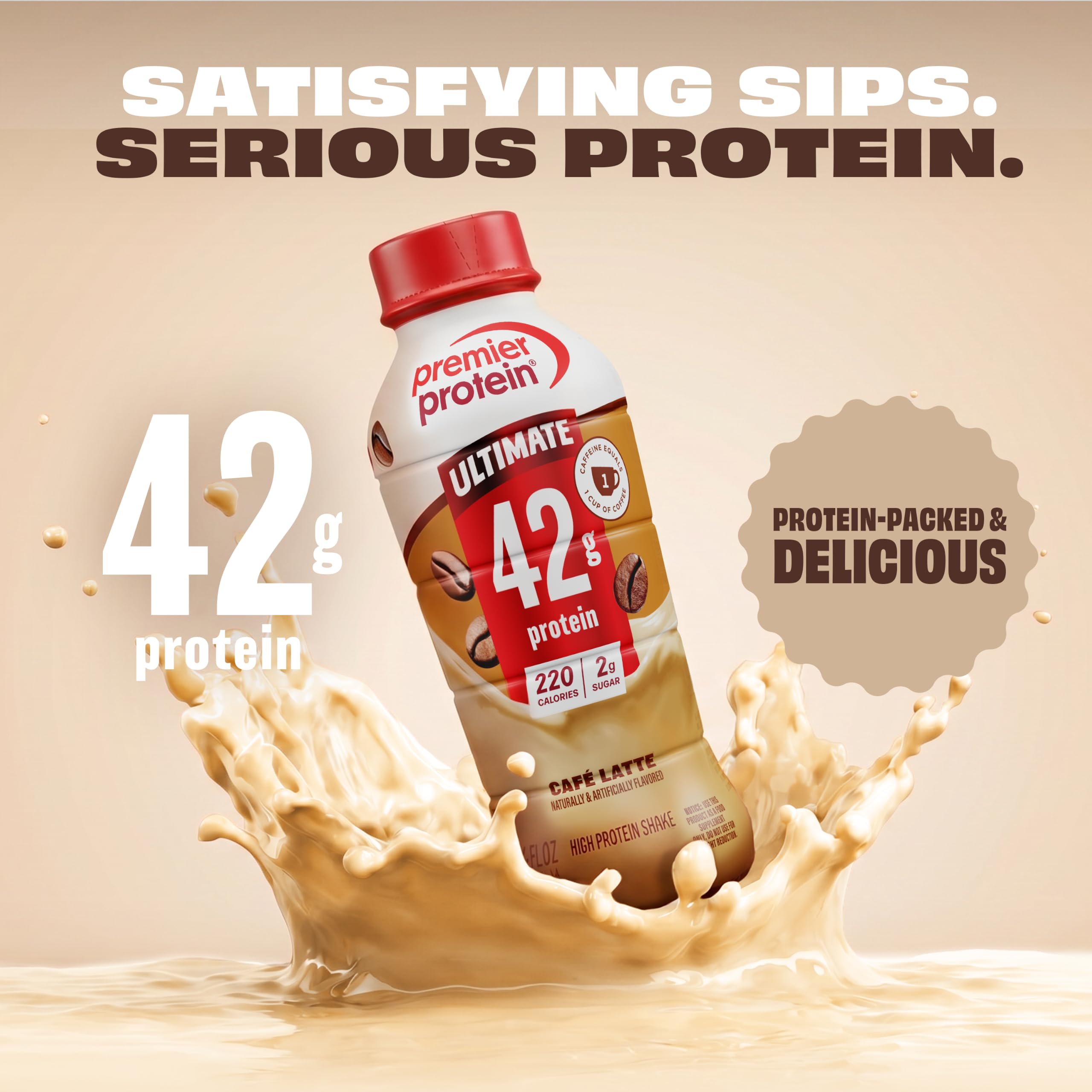 Premier Protein textura cremosa del batido Café Latte, sabor intensificado