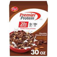 Premier Protein caja frontal mostrando sabor chocolate y almendra, ideal para desayuno proteico