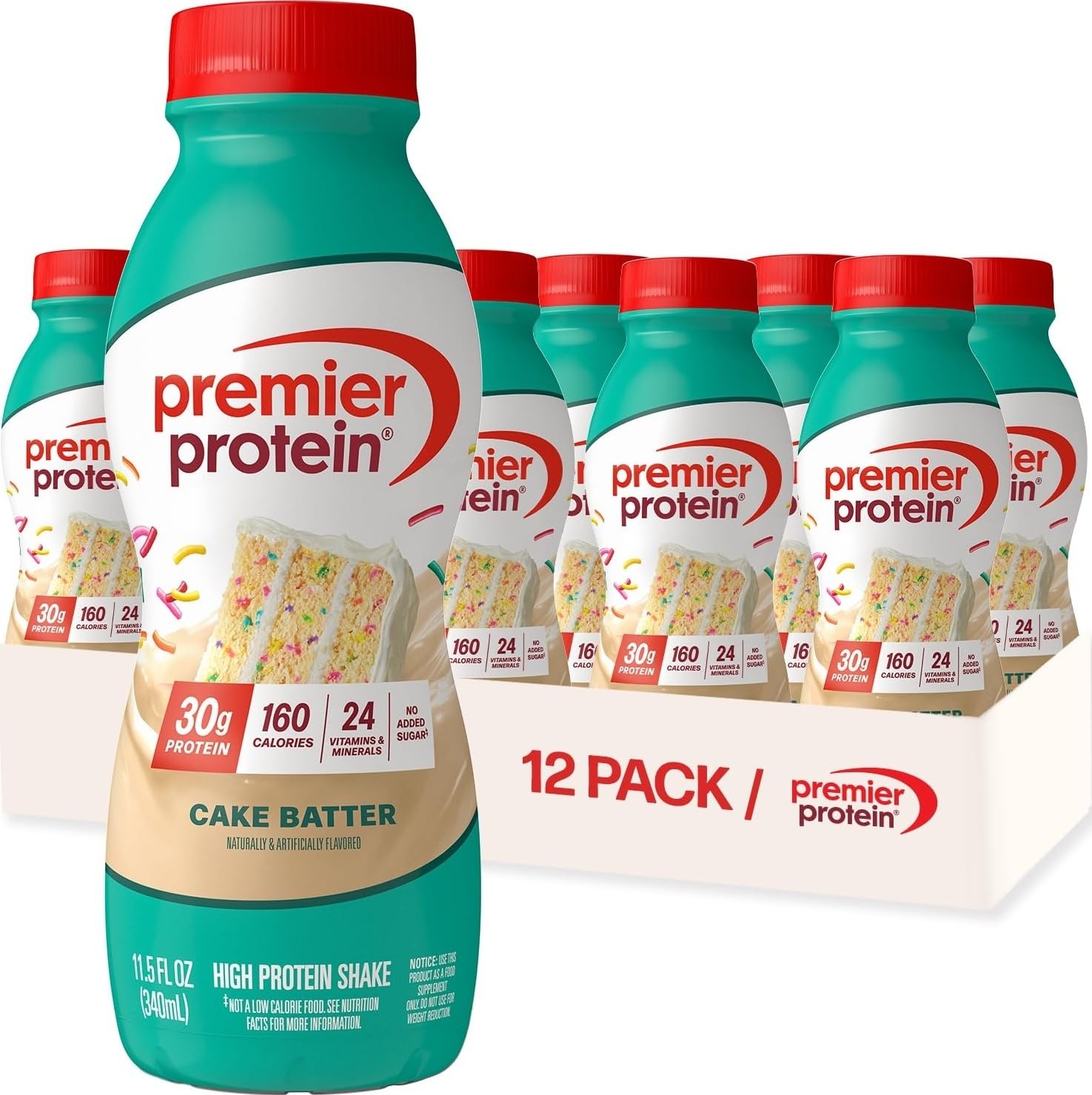 Premier Protein botella frontal Cake Batter mostrando etiqueta y beneficio proteína alta