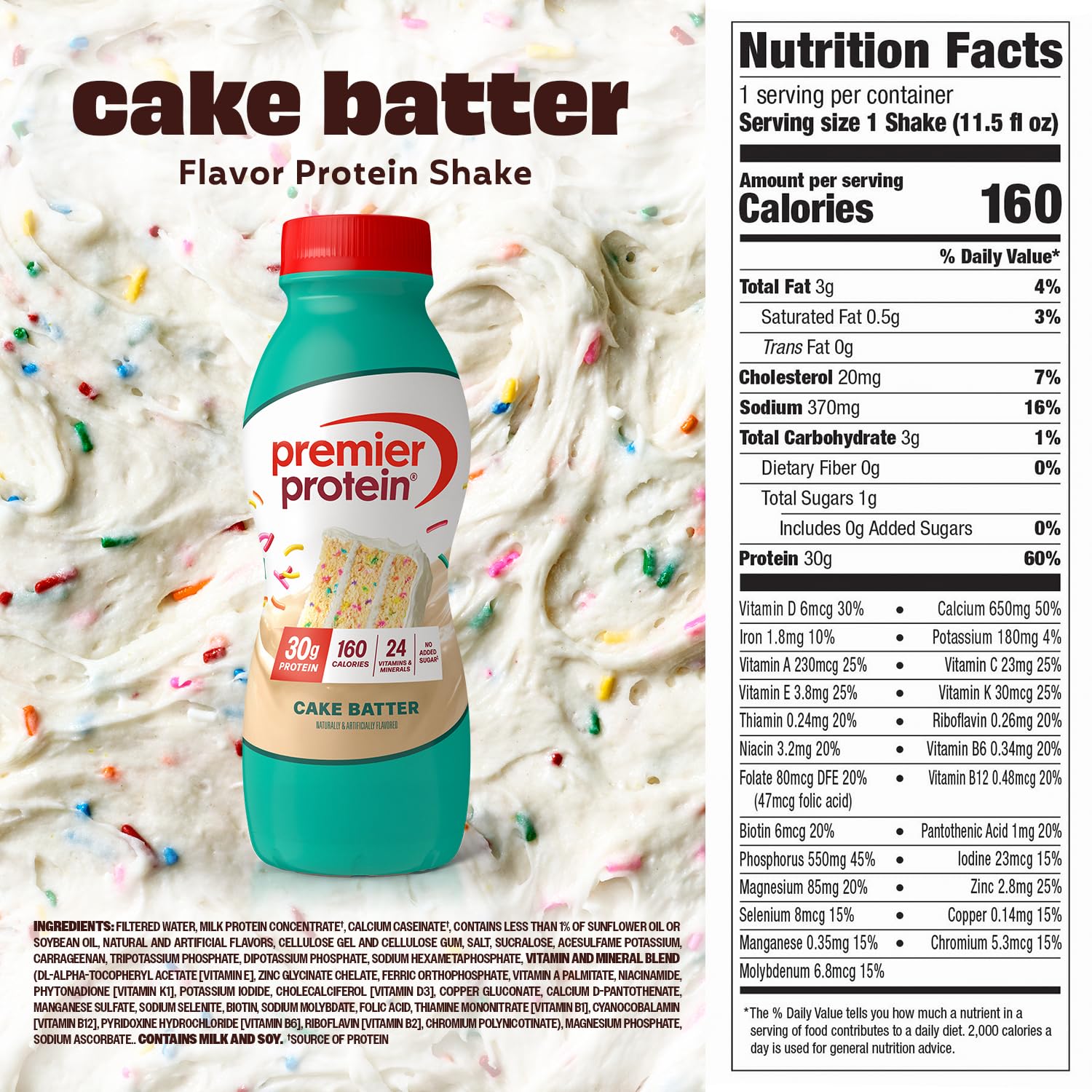 Premier Protein etiqueta nutricional mostrando vitaminas y 30 g de proteína