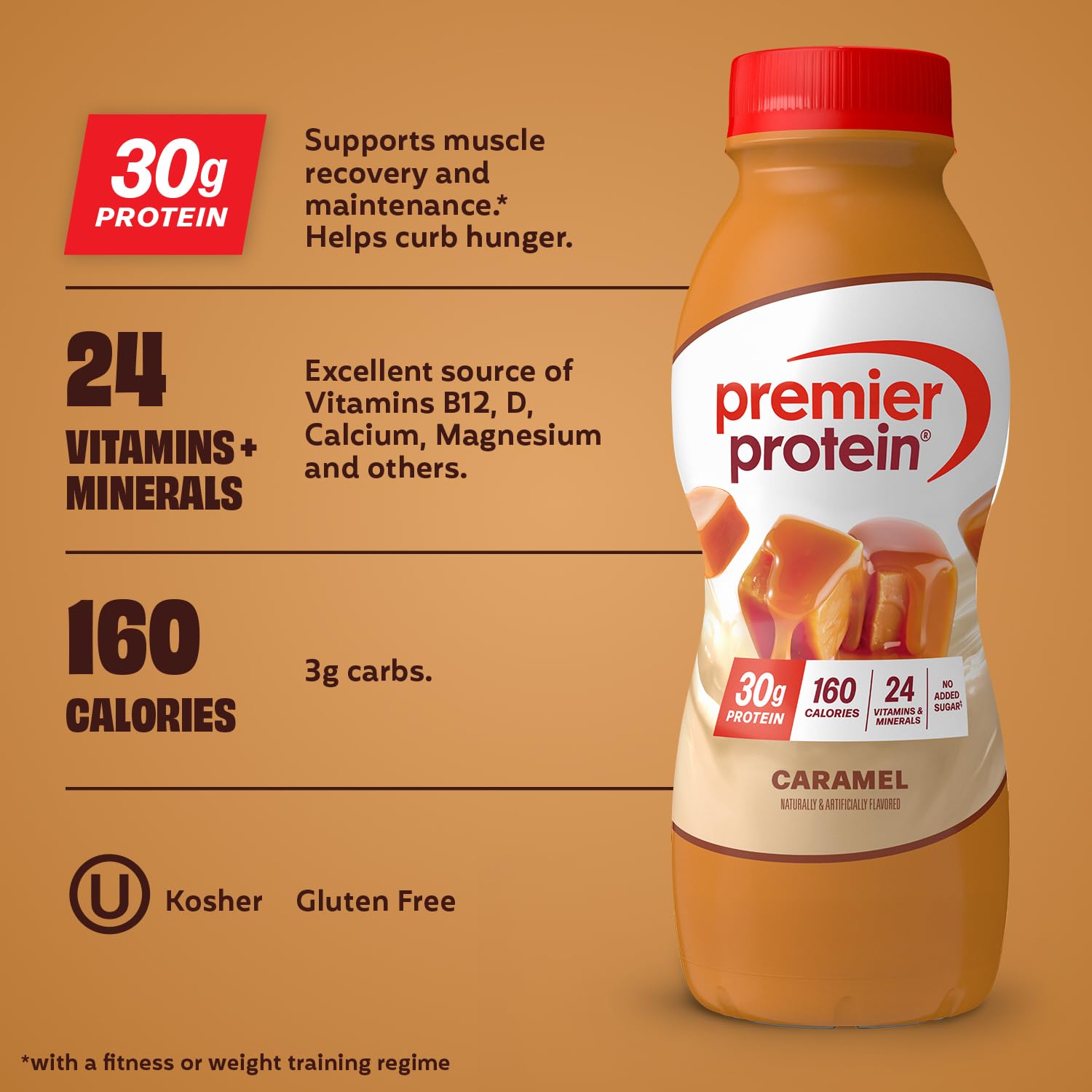 Premier Protein caramel bottle close-up highlighting creamy texture benefit