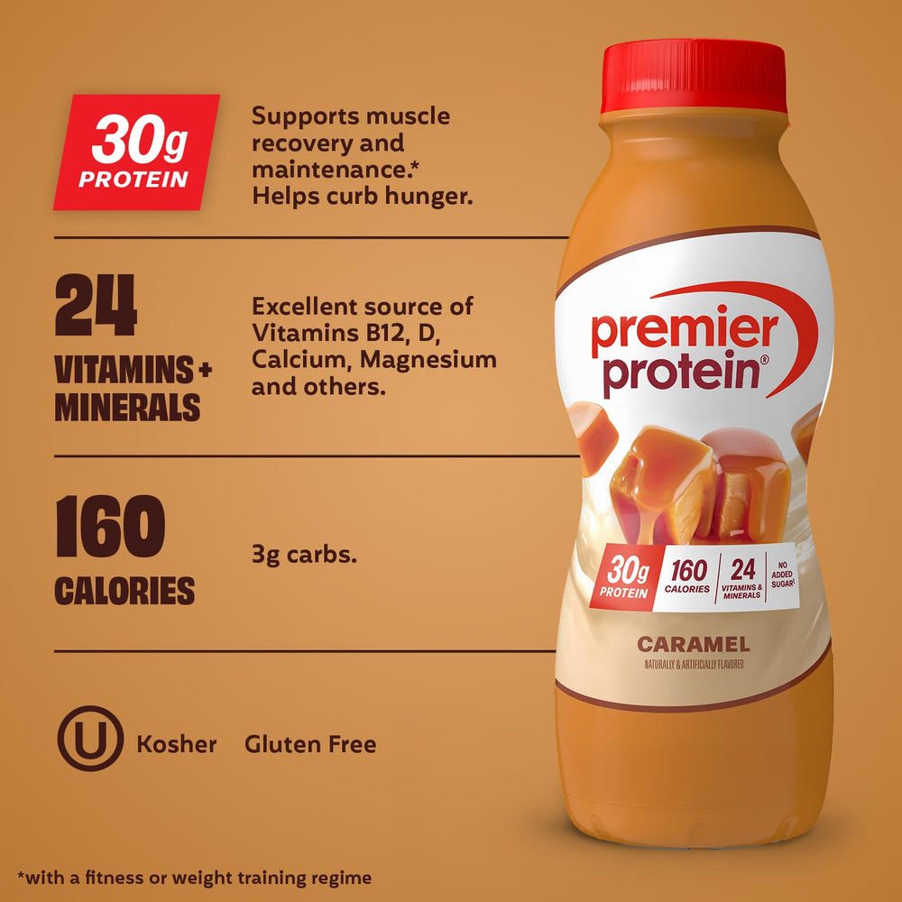 Premier Protein caramel bottle close-up highlighting creamy texture benefit