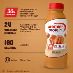 Premier Protein caramel bottle close-up highlighting creamy texture benefit