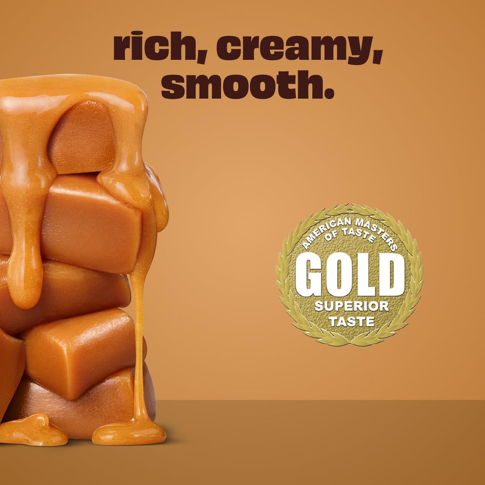 Premier Protein caramel being poured into a glass showing smooth pour and convenient use benefit