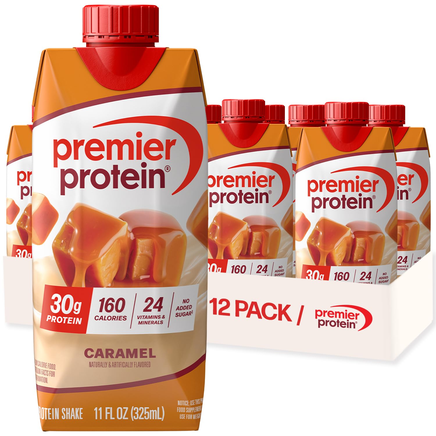 Premier Protein caramel front packaging showing carton and flavor, quick grab-and-go benefit