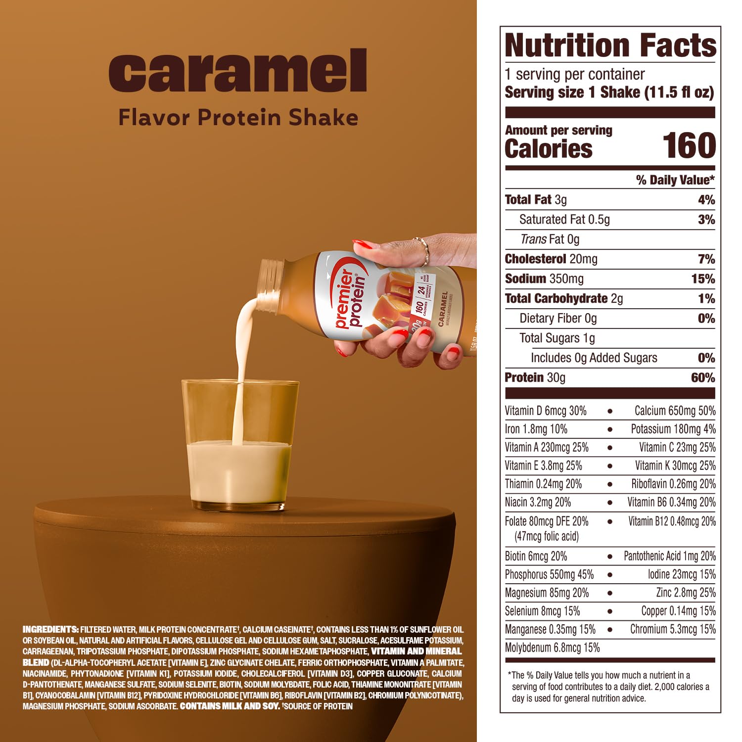 Premier Protein caramel nutrition label close-up to display vitamin and protein facts