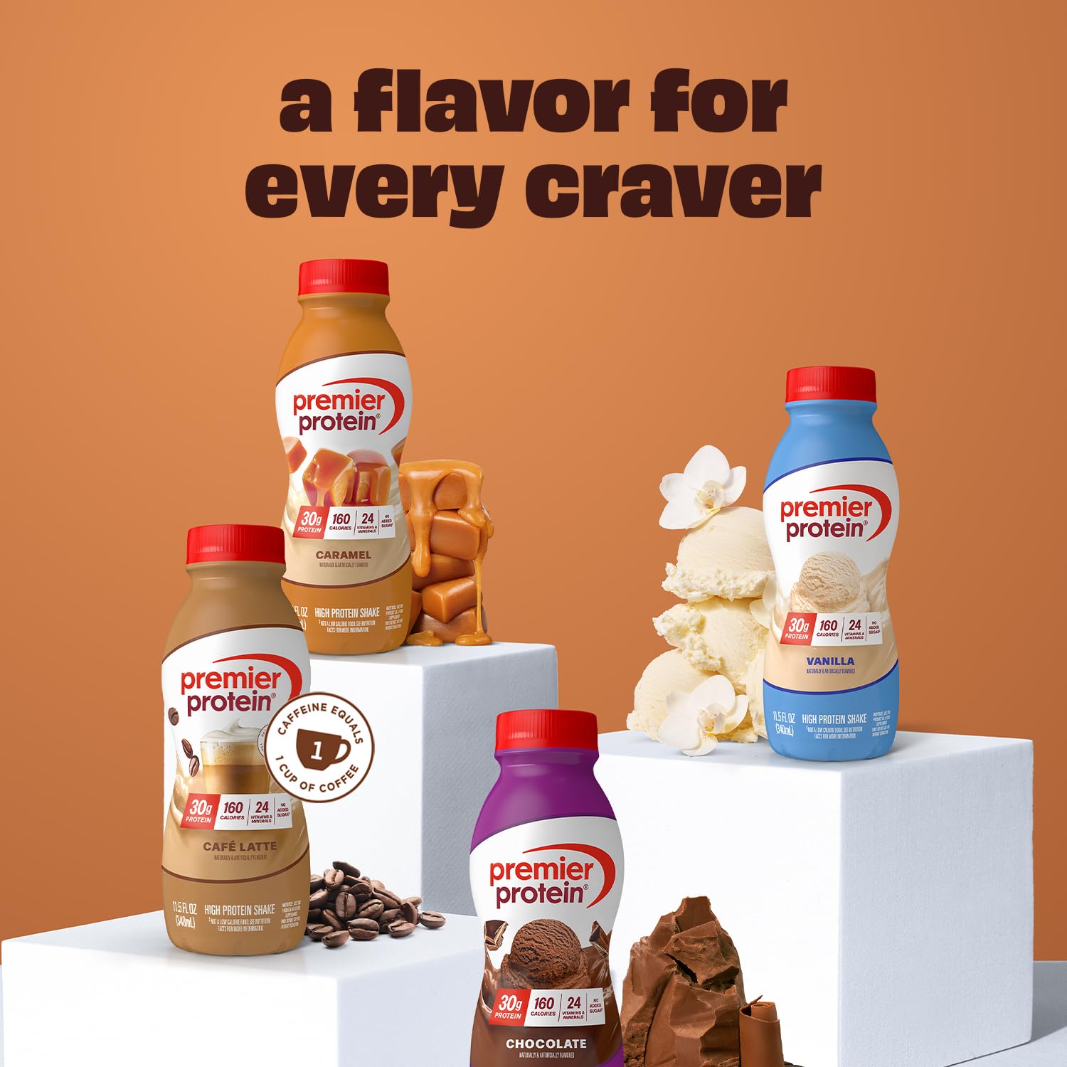 Premier Protein caramel on a breakfast table suggesting quick nutritious option
