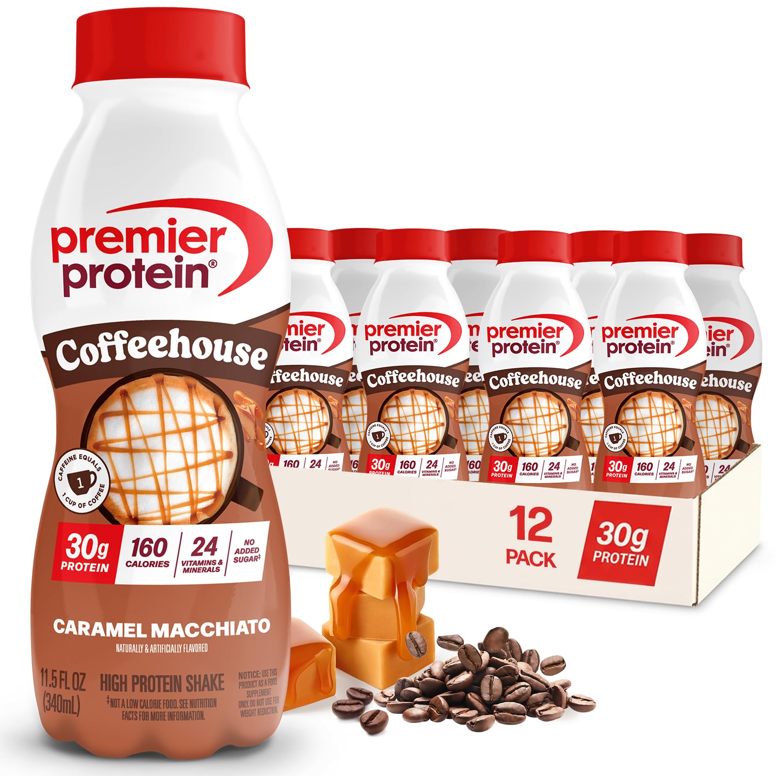 Premier Protein botella frontal Caramel Macchiato mostrando etiqueta y beneficios visibles