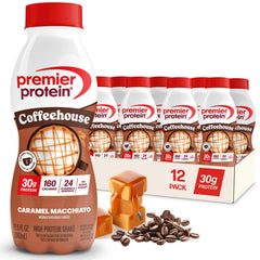 Premier Protein botella frontal Caramel Macchiato mostrando etiqueta y beneficios visibles