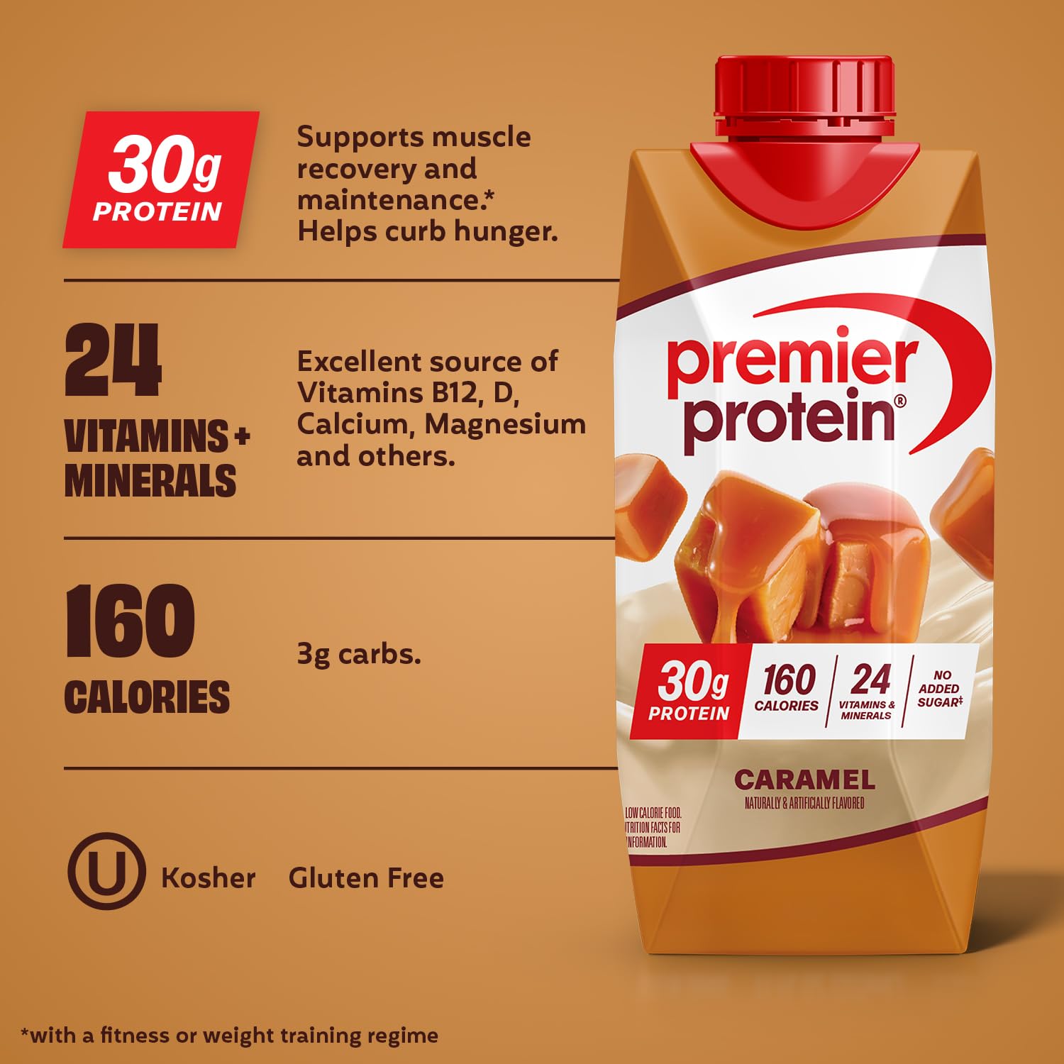 Premier Protein caramel nutrition label close-up highlighting 30g protein and vitamins benefit