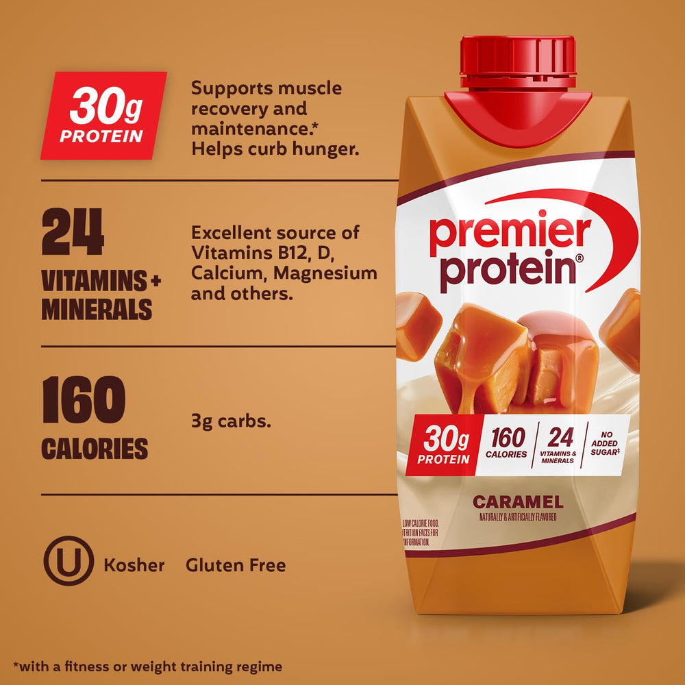 Premier Protein caramel nutrition label close-up highlighting 30g protein and vitamins benefit