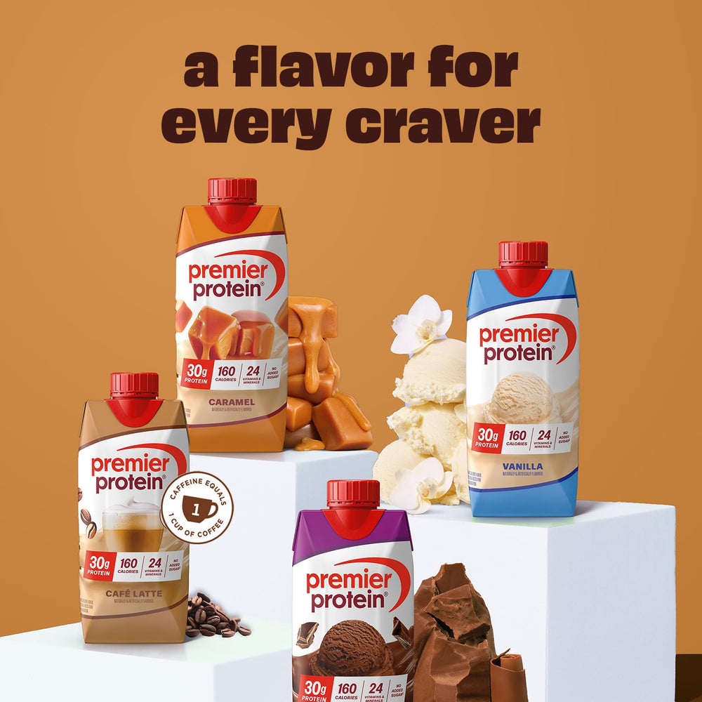 Premier Protein caramel poured over oatmeal illustrating protein boost and breakfast convenience