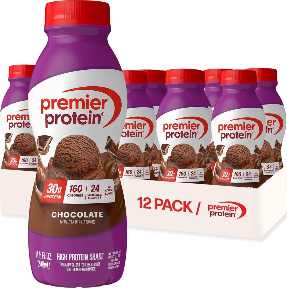 Premier Protein chocolate front packaging showing clear label and benefit