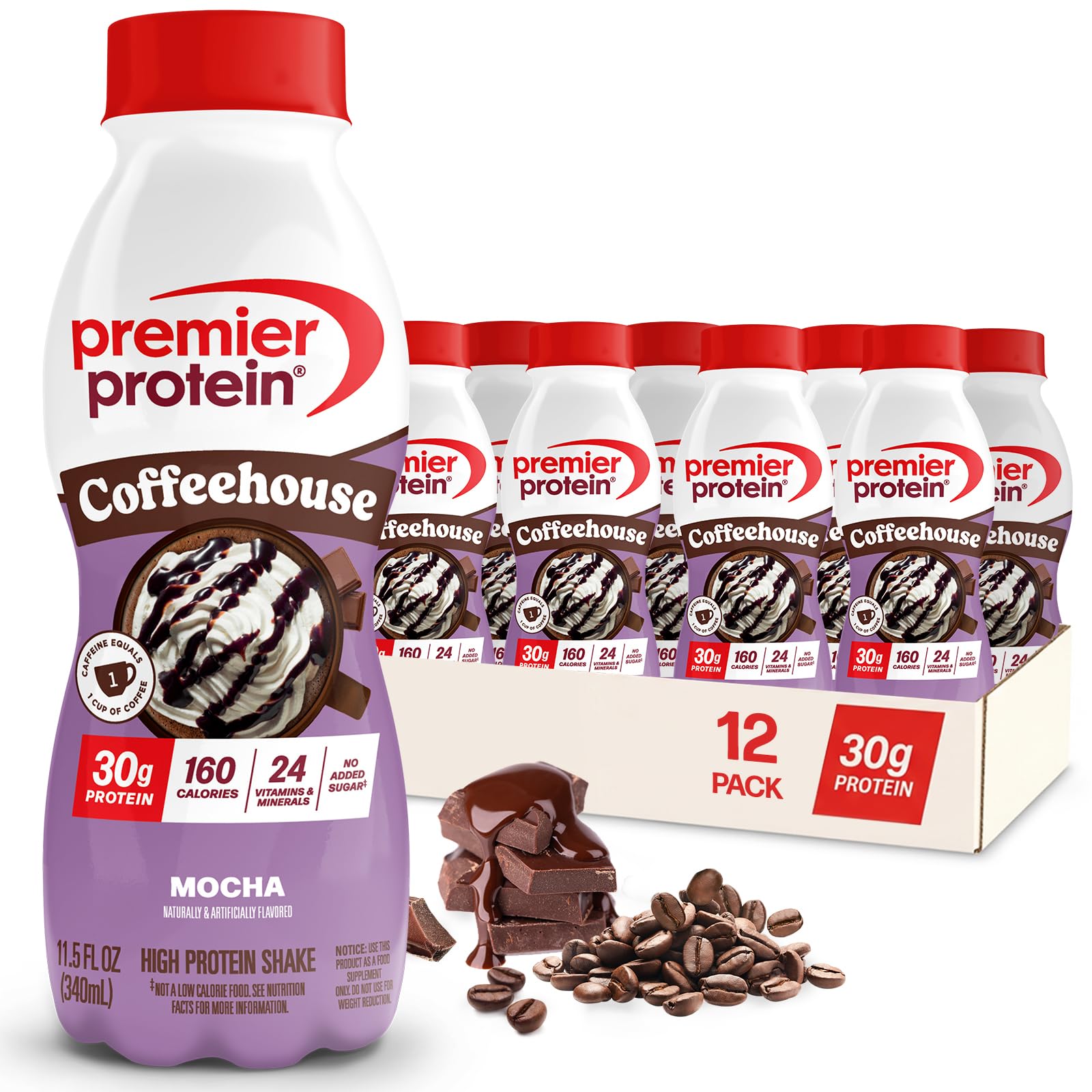 Premier Protein botella frontal mostrando etiqueta y beneficio alto en proteína